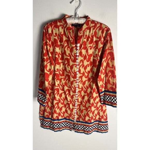 Liza Byrd Womens Mandarin Collar Colorful Button Up Cotton Tunic Top Size M - Picture 1 of 9